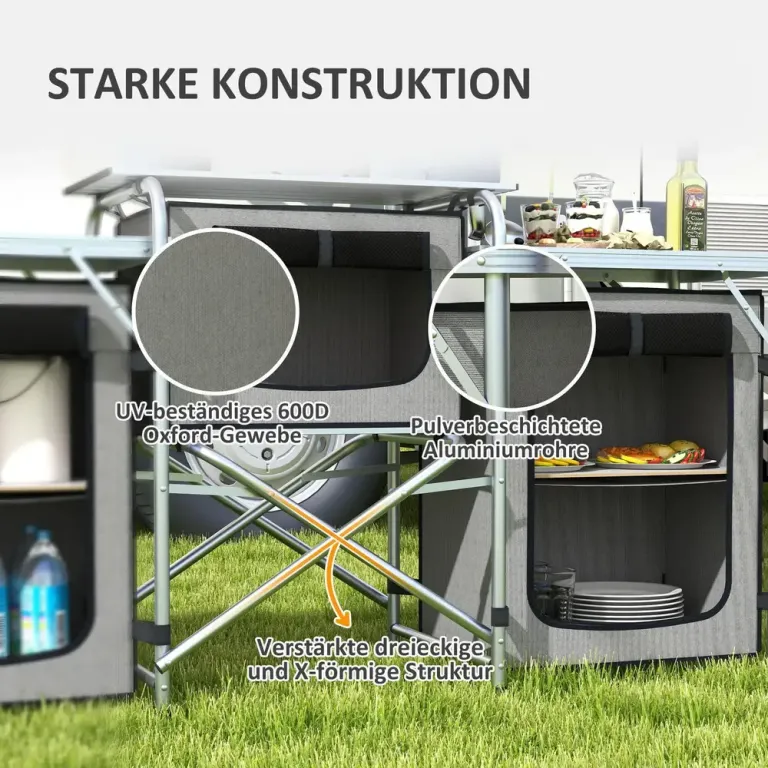 Hopfällbart Campingkök med Vindskydd och Förvaring, Grå