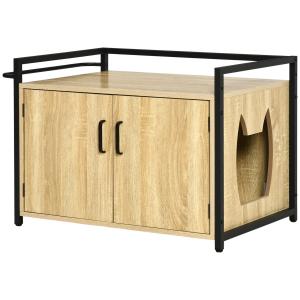 Kattlådeskåp i Trä med 2 Fack, Diskret Gömställe för Kattlåda, Snygg Inredningsdetalj för Hall och Badrum, Natur, 82,3 x 51 x 54 cm