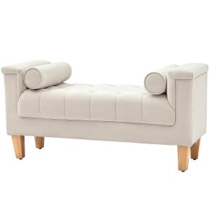 Bänk Sängbänk med Chenilleöverdrag Beige av Tyg och Trä för Sovrum och Hall Stoppad Skobänk med Cylinderkuddar 115 x 44 x 58 cm