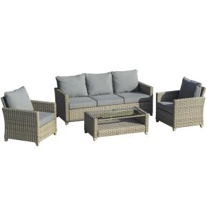 Loungegrupp i Konstrotting 5 Personer, Rymlig Hörnsoffa med Bord och Dynor, Väderbeständig Utemöbel för Terrass, Brun/Grå