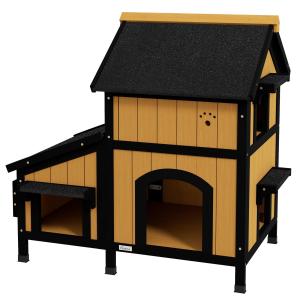 Katthus Kattgrotta Gul av Granträ för Utomhusbruk 2-Vånings Hus med Asfalttak och Blomlåda Vintersäker 96 x 65 x 85,5 cm