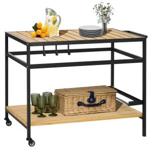 Serveringsvagn Stabil Svart Natur Metall för Trädgård och Uteplats i Industriell Design med Krokar och Hyllplan för Grill 107 x 65 x 80 cm