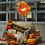 Halloweenkrans med Grusel Pumpadesign och Höstlöv samt Ljuseffekter för Dekoration Hållbar och Prisvärd Flerfärgad Plast och Tyg