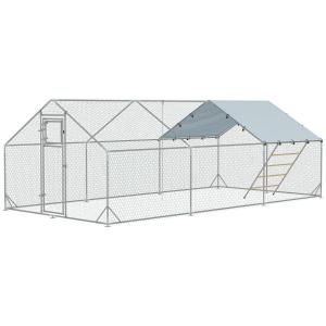 Hönshus Hönsgård Frigående Bur Silver av Galvaniserat Stål för 18-24 Höns Utehus med Foderlucka 300 x 600 x 195 cm