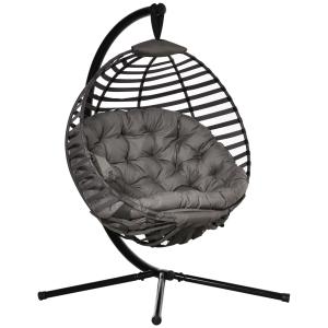 Hängstol med Stativ och Dyna, Bekväm Hänggunga för 1 Person, Avkopplande Sittplats för Trädgård och Balkong, Svart/Grå, 126 x 118 x 172 cm