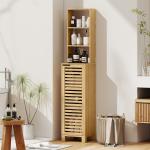 Badrumsskåp Högt Smalt Naturfärgad Bambu för Badrum och Tvättstuga Förvaring med Hyllor och Skåp Ribbad Dörr och God Ventilation 34x30x170 cm