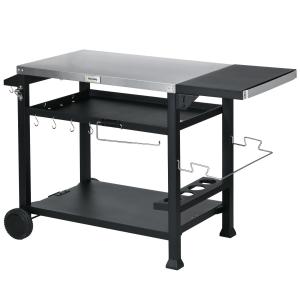 Grillvagn Grillbord Svart av Rostfritt Stål och Metall för Trädgård och Terrass med Fällbart Sidobord och Hjul 3 Våningar