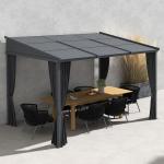 Pergola med Skjutbart Tak, Modern Trädgårdspaviljong med Gardiner, Justerbart Solskydd för Uteplatsen, Mörkgrå, 3,65 x 2,55 m