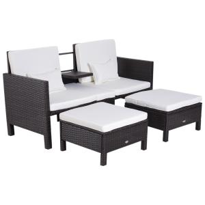 Trädgårdssoffset Brun Polyrattan och Metall med 2 Soffpall och Kuddar för Trädgårdslounge och Terrass