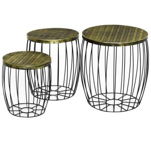 Sidobord i Metallkorg 3-Pack, Dekorativa Soffbord i Retrostil, Praktisk Förvaring med Trälock, Natur/Svart