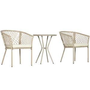 Rattanträdgårdsmöbelset, 2 Stolar och Bord, Härdat Glas, PE-rotting, Sittdynor, Metallram, Khaki