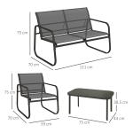 4-delat Trädgårdsset, 2 Fåtöljer, 2-sits Soffa, Glasbord, Andningsbart Tyg, Metallram, Svart