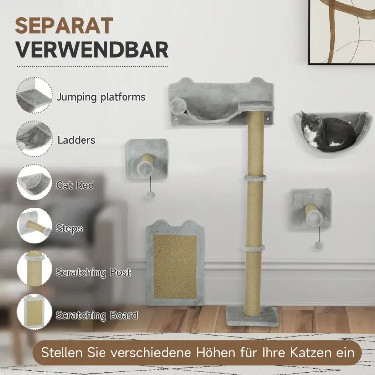 Kattklättervägg Kattmöbel Ljusgrå av Polyester och Trä