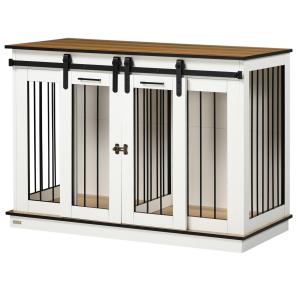 Hundbur Hundhus med Två Rum Vit av Metall och Trä för Medelstora Hundar Bur med Dubbla Dörrar 120 x 60 x 88,5 cm