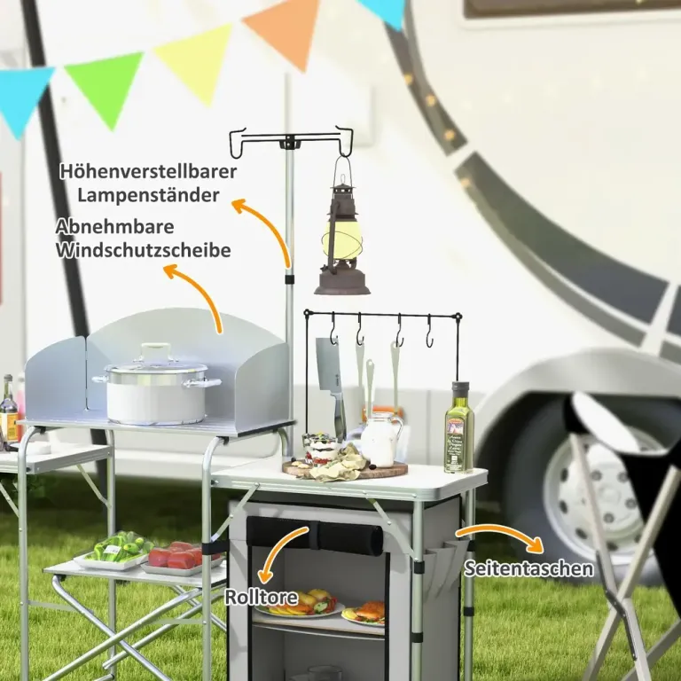 Hopfällbart Campingkök med 3 Bänkskivor i Aluminium, Grå