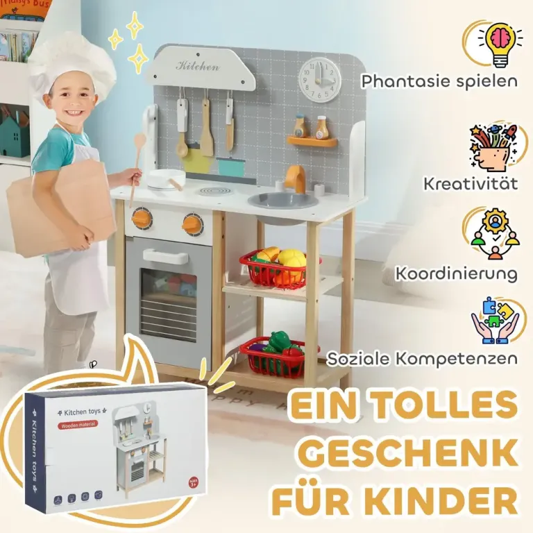 Leksakskök i Trä för Barn med Spis och Tillbehör
