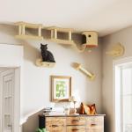 Kattklättervägg Klösmöbel 5 Delar Set med Hus Beige av Plysch för Katter upp till 5 kg Väggmonterad Ram med Hoppplattformar
