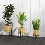 Växtställ Blomsterställ Guld av Stål med Rottinglook för Inomhus och Utomhusbruk Set med 3 Krukhållare Dekorativ Design