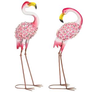 Trädgårdsfigurer Flamingo 2 Pack Röd Metall för Trädgård och Damm Dekorativa Fågelstatyer med Blomstermönster Väderbeständig Konst med Markankare