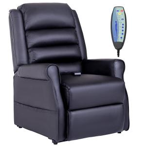 Fåtölj med Ståhjälp Massagestol Svart av Konstläder för Vardagsrum Relaxstol med USB Port och Värmefunktion Fjärrkontroll Liggfunktion