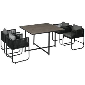 Trädgårdsmöbler Matgrupp Grå av Polyrotting och Metall för Balkong och Trädgård 5-Delad Set med Matbord och 4 Stolar Snygg Design