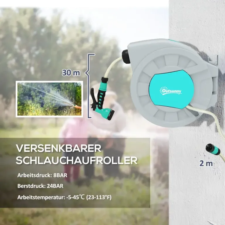 Slangupprullare Vattenslang 180° Svängbar Grön Grå 30 m