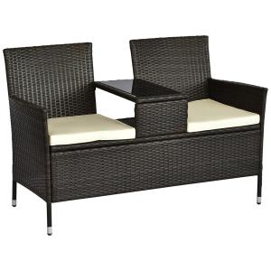 Trädgårdsbänk med Integrerat Bord 2-Sits Konstrotting med Avlastningsyta Stabil Stålram Brun 133 X 63 X 84 Cm