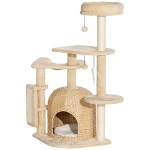 Skrapstolpe Kattträd Beige av Sisal och Plysch för Katter upp till 5 kg med Grotta och Säng 112 cm