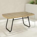 Trädgårdsbord Sidobord med Glasskiva Natur av Polyrattan ve Glas för Balkong ve Terrass Rektangulärt Uteplatsbord 90 x 50 x 45 cm
