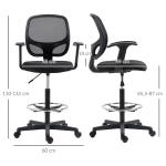 Ergonomisk Ritstol med Fotring, Höj- och Sänkbar Arbetsstol, Bekväm Snurrstol för Höga Skrivbord, Svart, 60 x 56 x 110-132 cm