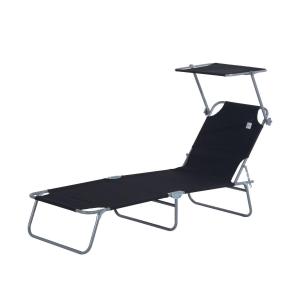 Solstol Trädgårdsstol Svart Metall och Tyg för Terrasser och Balkonger Hopfällbar med Solskydd 187 X 58 X 36 Cm