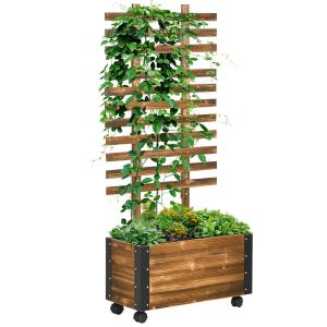 Odlingslåda Hållbar Svart Brun Trä för Trädgård och Balkong med Hjul och Spaljé Robust Planteringslåda i Massivträ 65 x 31 x 147 cm