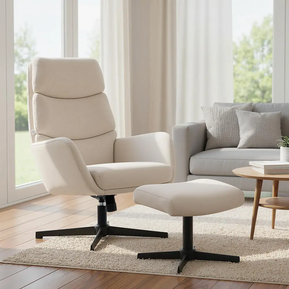 Fåtölj med Fotpall Beige Tyg och Metall Loungestol med Högt