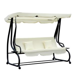 Hammock med Justerbart Tak 3-Sits Trädgårdsgunga med Fällbart Ryggstöd och Bricka Solsäng Krämvit