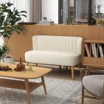 Soffa Loveseat 2-Sits Krämvit av Tyg med Linnelook och Trä för Vardagsrum Dubbelsoffa med Träben Lastkapacitet upp till 150 kg 117 x 56,5 x 77 cm