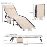 Solstol Solsäng Hopfällbar Beige av Tyg och Metall för Trädgård och Strand Väderbeständig Säng med Sidficka 130 kg