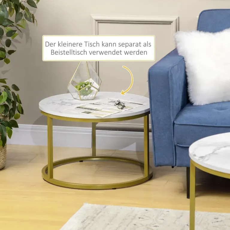 Soffbord i Marmorlook med Guldfärgad Ram, Set om 2