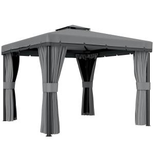 Paviljong med Dubbeltak och Myggnät för Trädgård och Fest Hållbar och Väderbeständig Grå Polyester och Metall 3 x 3 m