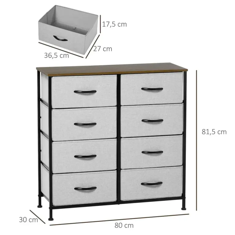 Byrå med 8 Tyglådor och Metallram, Grå