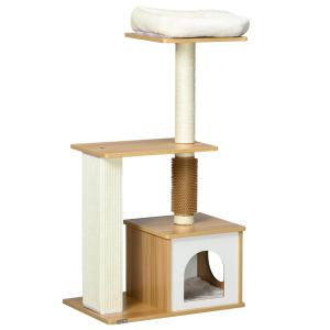Skrapstolpe Kattträd Ek av Trä och Sisal för Små Katter Stabil Klösmöbel med Kattgrotta och Klätterträd Modern Design 114 cm