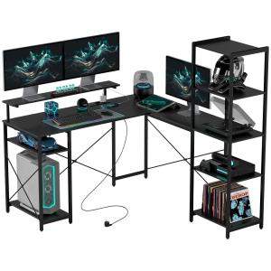 Skrivbord Datorbord L-Format Hörnskrivbord Svart av Spånskiva och Metall för Hemmakontor Bord med Hyllor och Uttag 137 x 140 x 139,5 cm