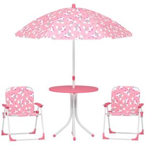 Utemöbler Barn 4 Delar Rosa Metall och Tyg för Trädgård Bord med Parasoll och 2 Stolar Hopfällbar 50x50x50 cm