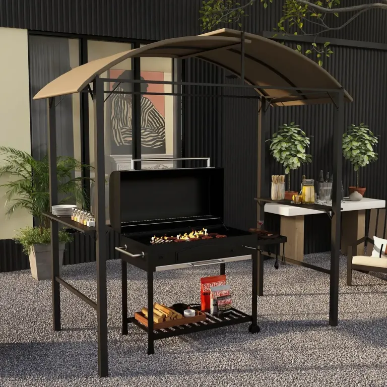 Grillpaviljong med 2 Sidohyllor 2,3 x 1,1 m, Khaki