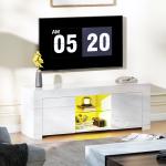 TV-skåp med LED-belysning, 2 Skåpdörrar, Glashylla och Kabelhål i Spånskiva, Vit