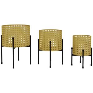 Växtställ Blomsterställ Guld av Stål med Rottinglook för Inomhus och Utomhusbruk Set med 3 Krukhållare Dekorativ Design