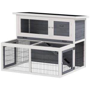 Kaninbur Smådjursbur 2 Våningar Grå av Massivt Trä för Kaniner Vintertätt Hus med Fällbart Tak och Utomhusinhägnad 122 x 95 x 93,5 cm