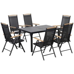 Hopfällbar Matgrupp i Aluminium 7 Delar, Praktiskt Utemöbelset med Bord och 6 Stolar, Lättviktig Design för Trädgård, Svart
