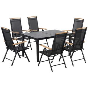 Hopfällbar Matgrupp i Aluminium 7 Delar, Praktiskt Utemöbelset med Bord och 6 Stolar, Lättviktig Design för Trädgård, Svart