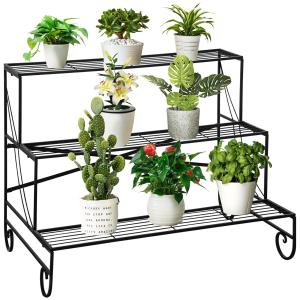 Blomtrappa i Metall med 3 Våningar, Dekorativ Växthylla för Krukor, Platsbesparande Blomställning för Balkong, Svart, 95 x 63 x 72 cm