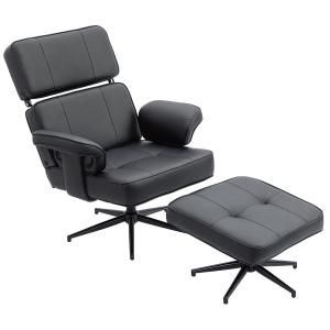Fåtölj med Fotpall Justerbar Svart Konstläder och Metall för Vardagsrum Relaxfåtölj med Nackstöd och Lutning Ergonomisk och Bekväm Design